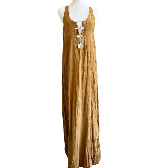 Acacia S Silk Brown Bronze Sardinia Maxi Dress Cut Out Plunge Back Flowy Rare - Picture 10 of 12